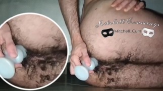 fucking my hairy asshole with a knotted dildo with closeup