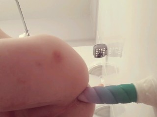 Cute Caged Trans Girl Filling her Petite Ass with a Magical Unicorn Horn Dildo