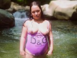 Outdoor roadside exhibitionism, showing my natural tits on the road and in the public river