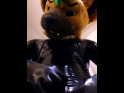 Preview 2 of hyena fursuit jerks off and cums in latex 💦