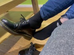 I remove my shoes to reveal my cum stained black socks