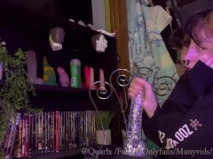 (Fansly teaser) ftm femboy takes 9inch sparkly dildo with huge creampie ending