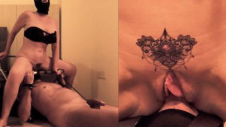 Tied Slave waits in the Flat for his Mistress to return to lick her Pussy - Female Dominance