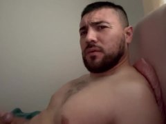 Bearded guy in his bed jacking off until he cums www.onlyfans