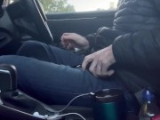 Preview 1 of Public car masturbation as cars drive by. Big cock hung and horny guy masturbates to cumshot