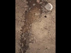 Peeing on the sidewalk by the drain