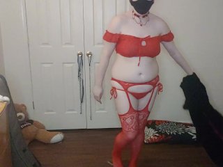 realistic dildo, fishnets, thick and curvy, mask
