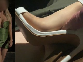 stiletto heels, sexy legs, tan pantyhose, cumshot