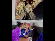 Preview 2 of Asian Girls Sharing Cock at Halloween after party (Austin Powers)
