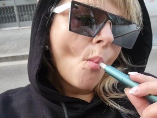 outside, solo female, blowjob, smoking