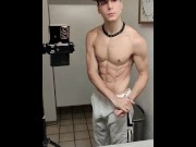 Preview 4 of Gym twunk gets butt ass naked in bathroom and strokes his giant dick