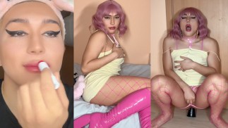 Thumbnail Sissy transformation feminization process with dildo in my bussy
