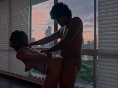 Raw pussy fuck in front of a big window with creampie