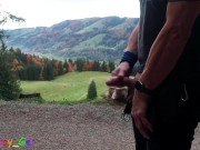 Preview 4 of Hot jerk off and cumming on a mountain in the Bavarian Alps, very cheeky in the middle of the walk