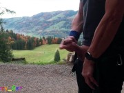 Preview 5 of Hot jerk off and cumming on a mountain in the Bavarian Alps, very cheeky in the middle of the walk