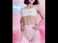 Cute and petite Asian muscle girl flexes and flashes her tits and pussy