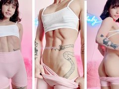 Cute and petite Asian muscle girl flexes and flashes her tits and pussy