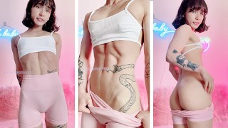Cute and petite Asian muscle girl flexes and flashes her tits and pussy