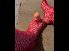 Foot Job in Red Fishnets