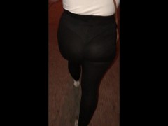 Transparent black leggings with white thong walking