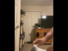 Voyeuristic daddy plays with his cock while dressing for work