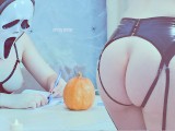 Trick or treat? Erotic pumpkin carving with a sexy Ghostface in latex lingerie on Halloween