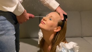 Milf in Alice in Wonderland outfit sucks cock and has head held whilst given intense facial. Teaser.