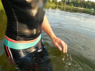 Swimming in the Lake in Sportswear at Sunset...wet Leggings and a T-shirt...