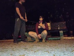 Hot mother in law training in public with dog leash having big orgasm with dildo