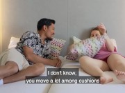 Stepbro and stepsis fight with pillows in a hotel room.