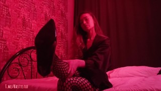 Heels Feet And Legs In Fishnet Stockings And Deep Anal Dipping With Cum In Mouth For Dark Relaxation
