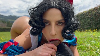 In The Forest Snow White Consumes A Dwarf's Cock Until His Face Is Covered In Sperm