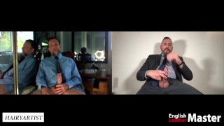 Two business men discuss humiliating a chastity employee and stroke big dicks verbal humil PREVIEW