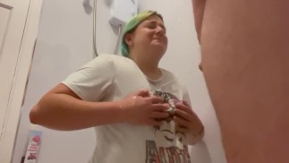 Piss all over my step sis and she sucks my dick clean after