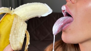 4k ASMR mouth sounds, sucking, licking and eating banana and cream yogurt