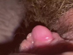 Closeup on my huge clit head and hairy pussy