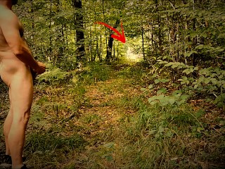 赤身裸体，在森林小路上，向汽车炫耀他的鸡鸡。