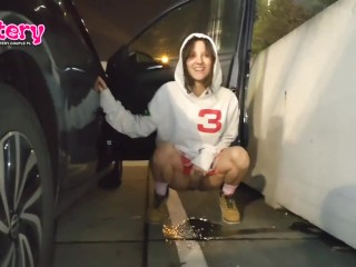 Crazy College Girl Pees in the Parking Lot of the Store