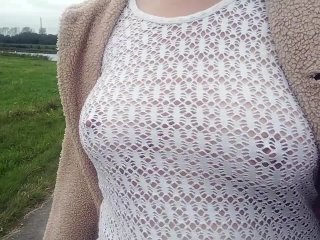 braless big tits, boobwalk, braless pokies, public