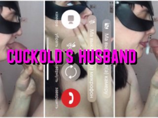russian, brunette, blowjob cum in mouth, cuckold husband