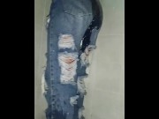 Preview 2 of Wet girlfriend in the shower with jeans and sneakers