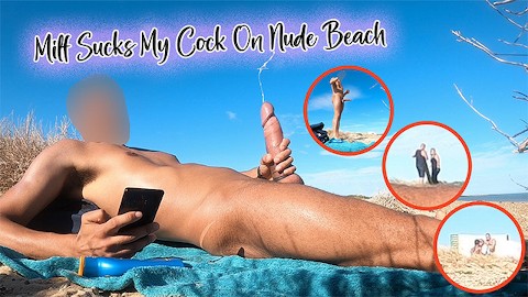 Une MILF suce ma bite sur une plage de nudistes