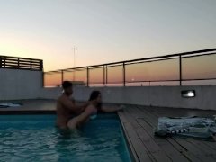 cumming a lot in the pool at a beautiful sunset - accounter adventure