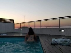 cumming a lot in the pool at a beautiful sunset - accounter adventure
