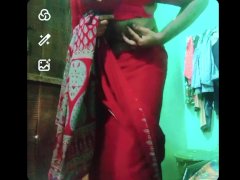 Indian gay Crossdresser xxx nude in red saree showing his bra and boobs🥵