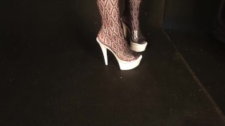 sexy white mule high heels and fishnet stockings