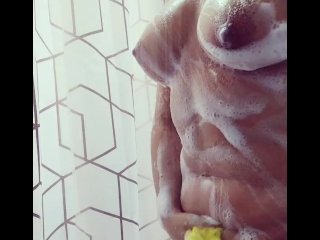 touching boobs, touching, brunette, shower