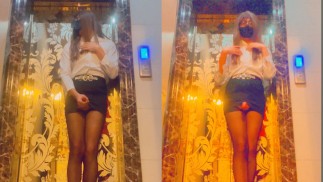 Chinese ladyboy couldn’t help but ejaculate at the elevator door while working overtime