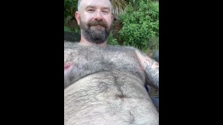 Hairy Dad horny at the beach in a speedo goes home to jerk off and cum