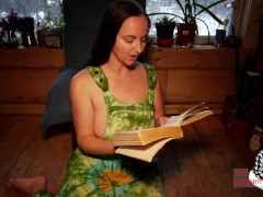 Cute MILF Girlfriend in Overalls Reads About Freedom in Love